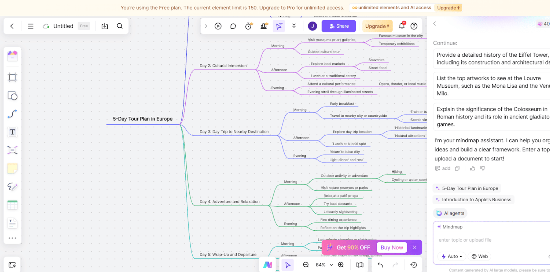Boardmix collaborative whiteboard displaying team brainstorming with AI-generated mind map