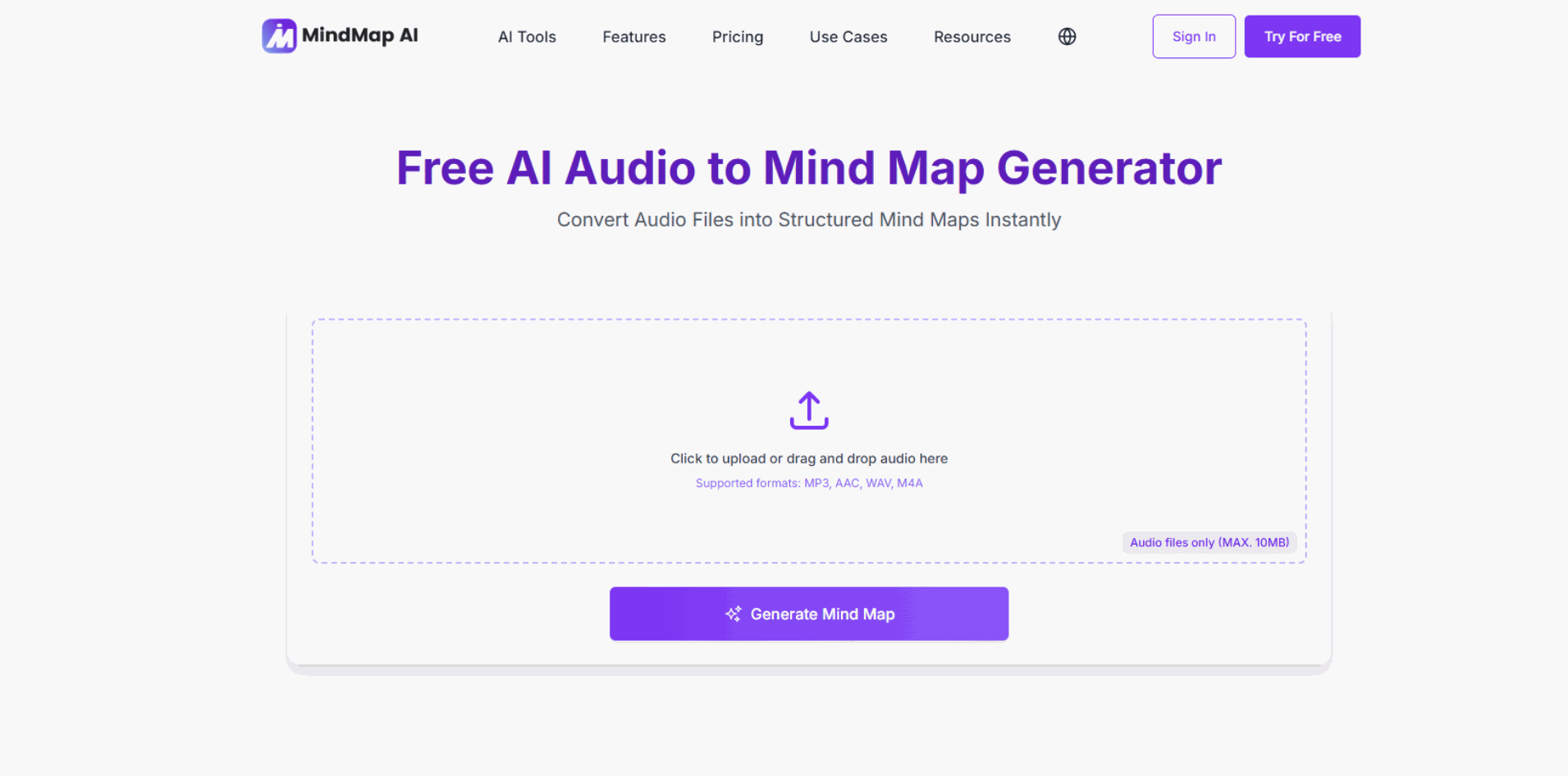 Mindmap ai's audio Summarizer screenshot