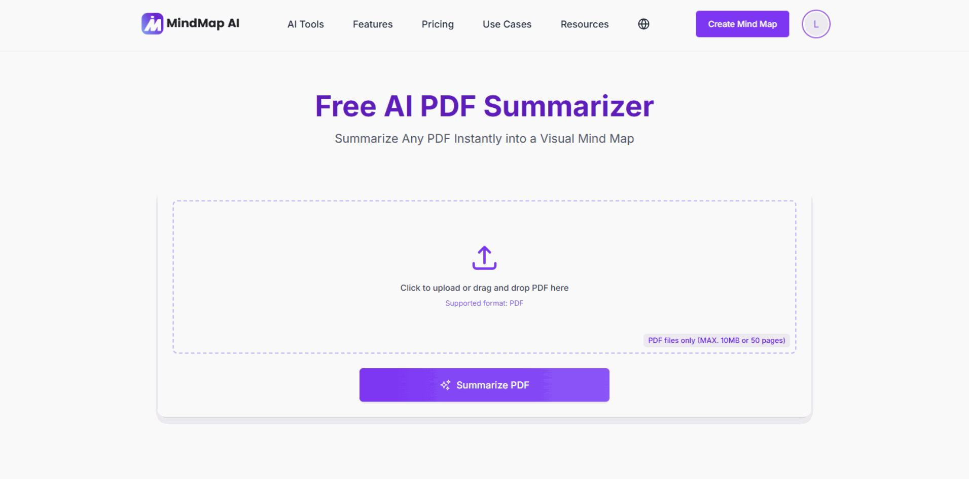 Mindmap ai's PDF Summarize screenshot