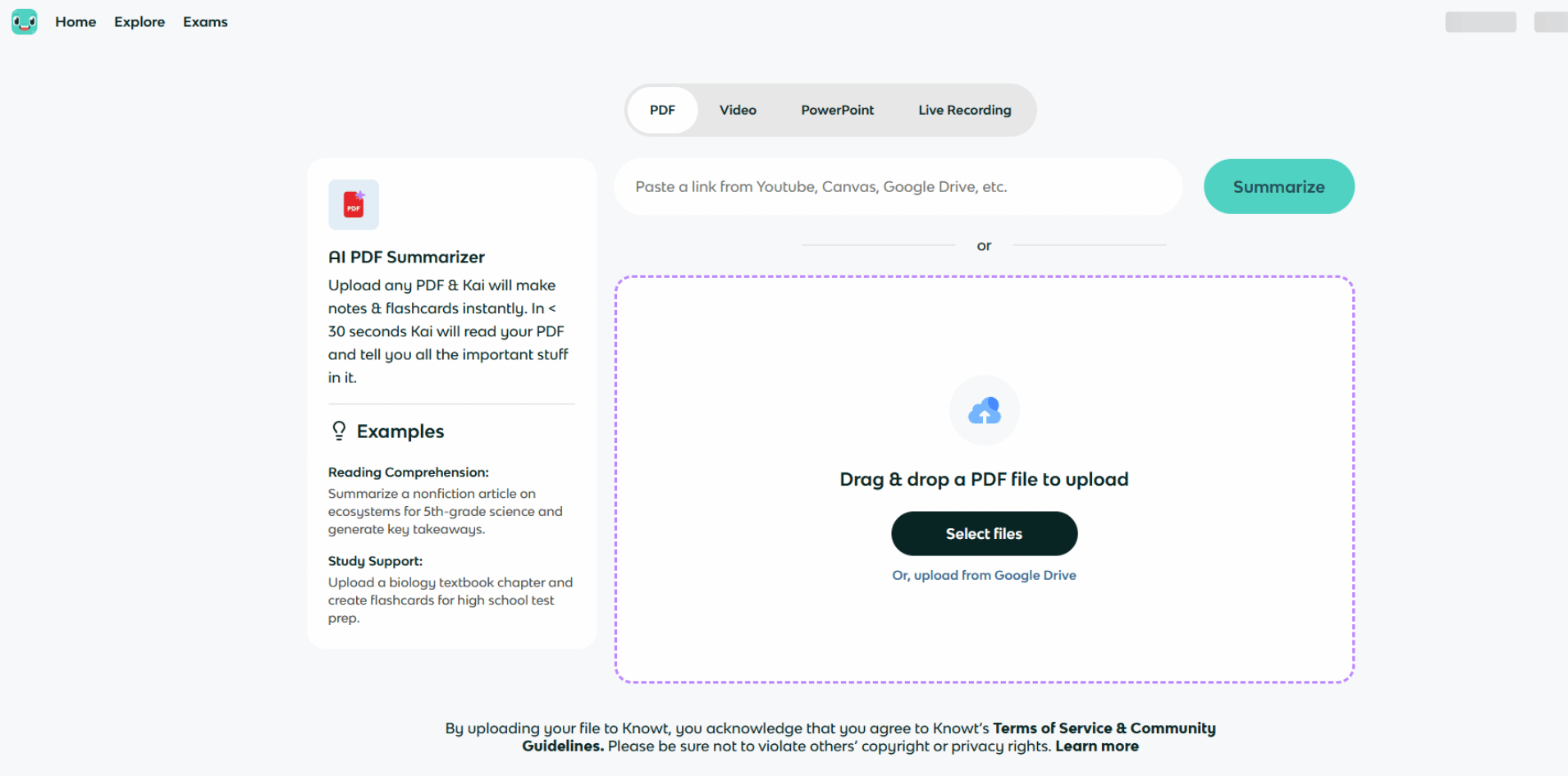 Knowt's PDF Summarize screenshot