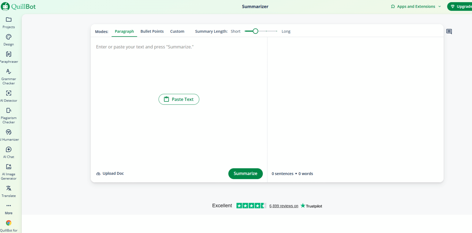 QuillBot's text Summarizer screenshot