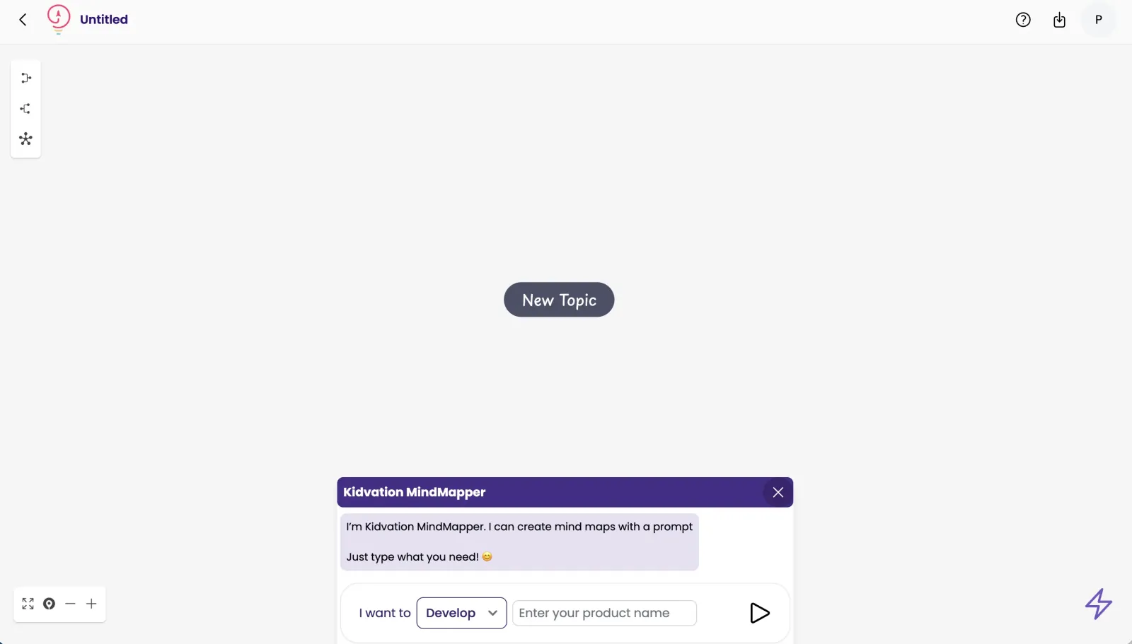 Kidvation MindMapper canvas with the Develop / Market prompt box