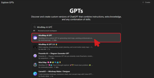 Captura de tela da barra de pesquisa do ChatGPT com "MindMap AI GPT"
